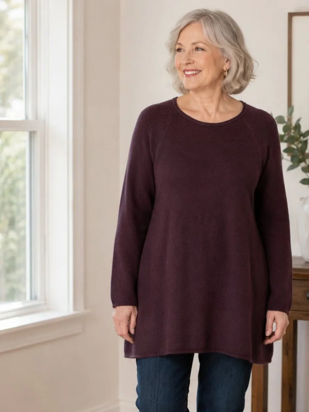 J. Jill 100% Merino Wool Washable Tunic Sweater XL Maroon Long Sleeve